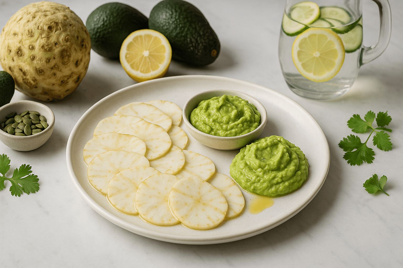 Le Carpaccio de céleri-rave et sa purée d'avocat !