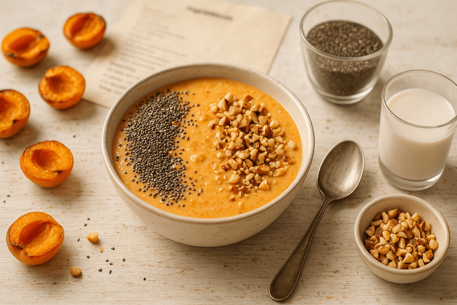 Smoothie bowl à l’abricot rôti, graines de chia, éclats de noisette